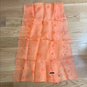 Delicate Orange Floral Embroidered Silk Scarf / Wrap